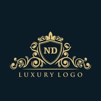 lettre nd logo avec bouclier d'or de luxe. modèle vectoriel de logo d'élégance.