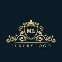 logo lettre ml avec bouclier d'or de luxe. modèle vectoriel de logo d'élégance.