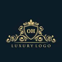 lettre oh logo avec bouclier d'or de luxe. modèle vectoriel de logo d'élégance.