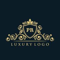 logo lettre pr avec bouclier d'or de luxe. modèle vectoriel de logo d'élégance.