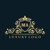 logo lettre ma avec bouclier d'or de luxe. modèle vectoriel de logo d'élégance.