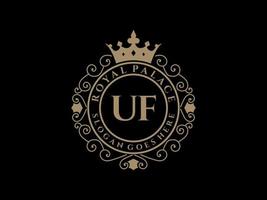 lettre uf logo victorien de luxe royal antique avec cadre ornemental. vecteur