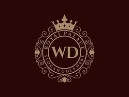 lettre wd logo victorien de luxe royal antique avec cadre ornemental. vecteur