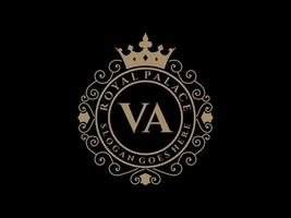lettre va logo victorien de luxe royal antique avec cadre ornemental. vecteur