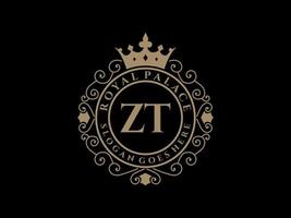 lettre zt logo victorien de luxe royal antique avec cadre ornemental. vecteur