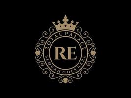 lettre re logo victorien de luxe royal antique avec cadre ornemental. vecteur