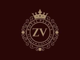 lettre zv logo victorien de luxe royal antique avec cadre ornemental. vecteur