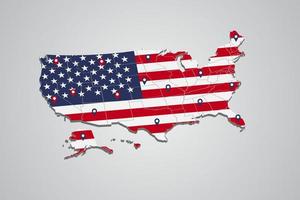 carte des états-unis 3d avec motif de drapeau et illustration de broche de carte sur fond isolé vecteur