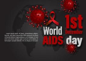 conception de libellé de la journée mondiale du sida avec ruban rouge et virus du vih en style 3d, exemples de textes sur fond noir. affiche de campagne de la journée mondiale du sida en conception 3d et vectorielle. vecteur