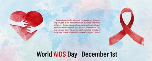 campagne d'affiches de la journée mondiale du sida avec ruban rouge dans le style des couleurs de l'eau et exemples de textes sur la carte du monde bleu et fond de papier blanc. le tout dans la bannière web et la conception vectorielle. vecteur