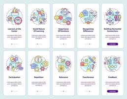 principes d'apprentissage de l'ensemble d'écrans d'application mobile d'intégration. instructions graphiques modifiables en 5 étapes avec des concepts linéaires. ui, ux, modèle d'interface graphique. vecteur