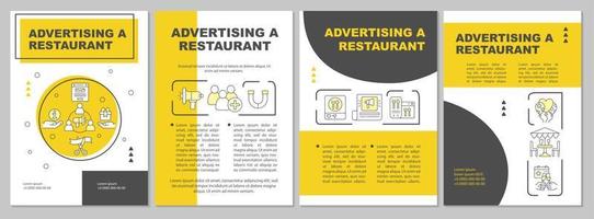 modèle de brochure jaune de promotion de restaurant. attirer de nouveaux clients. conception de dépliant avec des icônes linéaires. 4 mises en page vectorielles modifiables pour la présentation, les rapports annuels. vecteur