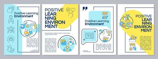 modèle de brochure bleu et jaune sur l'environnement d'apprentissage positif. conception de dépliant avec des icônes linéaires. 4 mises en page vectorielles modifiables pour la présentation, les rapports annuels. vecteur