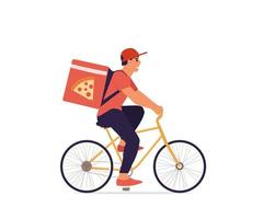 courrier à vélo, livraison de pizza. livreur avec sac à vélo. homme avec sac à dos à vélo. illustration de vecteur plat isolé sur blanc