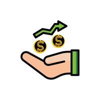 illustration vecteur icône plat gagner, pièce de monnaie, or, main, transaction, argent.