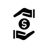 illustration vectorielle icône glyphe, solide, silhoute, gain, pièce de monnaie, or, main, transaction, argent. vecteur