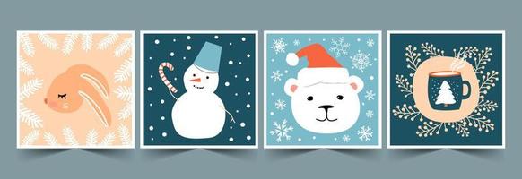 ensemble de jolies cartes de noël carrées. illustration enfantine avec lapin, bonhomme de neige, ours. vecteur