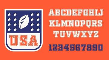 alphabet pour les vêtements de sport américains. chiffres et lettres dans le style capital usa. vecteur