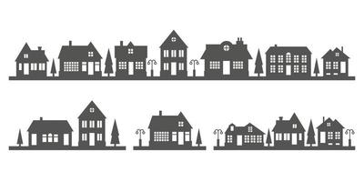 silhouette de maisons sur l'horizon. paysage de quartier de banlieue. maisons de campagne. illustration vectorielle de glyphe. vecteur