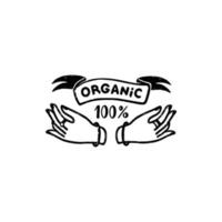Logo vectoriel 100 % biologique - un badge fait main vintage avec des mains et un ruban dans le style de timbre. illustration vectorielle vintage.