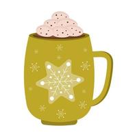 Adorable mug d'hiver avec des boissons chaudes cacao, café, cappuccino, décor et crème. tasse à café de vacances de noël pour carte, autocollant, invitation. vecteur