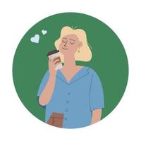 adorable fille avec une tasse de café dans une chemise bleue. icônes rondes isolées ou avatars. illustration vectorielle dans un style plat. vecteur