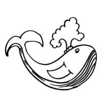 conception mignonne de croquis de baleine. conception de dessin animé de baleine mignon contour noir dessiné à la main. illustration d'une baleine dans la mer. croquis de baleine de style doodle dessin animé simple adapté à l'impression de t-shirt vecteur