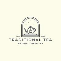 dessin au trait de thé vert avec conception d'illustration de modèle de logo de style emblème, concept d'icône de thé et de théière vecteur