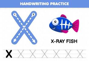 jeu éducatif pour les enfants pratique de l'écriture manuscrite avec des lettres majuscules x pour la feuille de travail imprimable du poisson aux rayons X vecteur