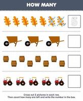 jeu éducatif pour les enfants comptez combien de dessin animé mignon feuille brouette baril tracteur et écrivez le nombre dans la boîte feuille de travail agricole imprimable vecteur