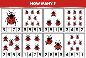 jeu éducatif pour les enfants comptant combien de coccinelles de dessin animé mignon dans chaque table feuille de calcul de bogue imprimable vecteur