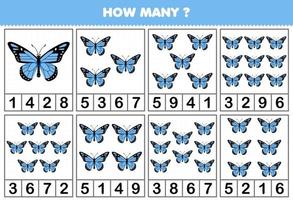 jeu éducatif pour les enfants comptant combien de papillons de dessin animé mignon dans chaque table feuille de calcul de bogue imprimable vecteur