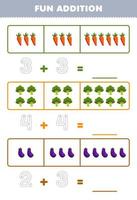 jeu éducatif pour les enfants addition amusante en comptant et en traçant le nombre de dessin animé mignon carotte brocoli aubergine feuille de travail imprimable sur les légumes vecteur