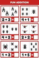 jeu éducatif pour les enfants addition amusante par comptage et somme de dessin animé mignon scorpion coléoptère pou mouche araignée feuille de calcul de bogue imprimable vecteur