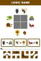 jeu éducatif pour les enfants casse-tête logique construire la route pour le pou abeille fourmi passer à la pierre tournesol et noix feuille de calcul de bogue imprimable vecteur