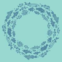 fond de cercle de doodle vectoriel avec des poissons de différentes formes avec divers motifs dessinés à la main, isolés