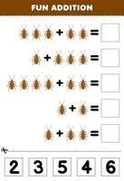 jeu éducatif pour les enfants addition amusante par coupe et correspondance nombre correct pour la feuille de calcul de bogue imprimable de cafard de dessin animé mignon vecteur