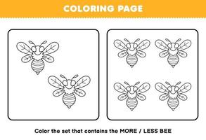 jeu d'éducation pour les enfants coloriage plus ou moins image de dessin animé mignon abeille dessin au trait ensemble feuille de calcul de bogue imprimable vecteur