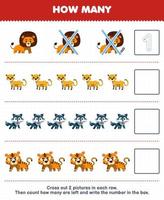 jeu éducatif pour les enfants comptez combien de dessin animé mignon lion guépard loup tigre et écrivez le nombre dans la boîte feuille de travail imprimable sur les animaux vecteur