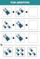 jeu éducatif pour les enfants ajout amusant par coupe et correspondance d'images de coléoptère de dessin animé mignon pour la feuille de calcul de bogue imprimable vecteur