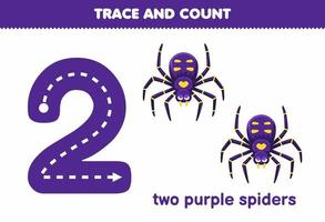 jeu éducatif pour les enfants amusant compter deux araignées violettes feuille de calcul de bogue imprimable vecteur