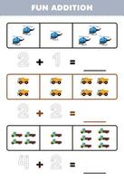 jeu éducatif pour les enfants addition amusante en comptant et en traçant le nombre de dessin animé mignon hélicoptère camion à benne basculante feuille de transport imprimable vecteur