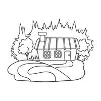 joli paysage avec maison de village sur colline et forêt. bâtiment en style cartoon. dessin au trait. illustration de vecteur dessiné à la main isolé sur fond blanc.