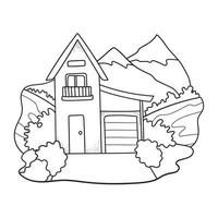 grande maison de village avec paysage montagneux et forestier. bâtiment en style cartoon. dessin au trait. illustration de vecteur dessiné à la main isolé sur fond blanc.