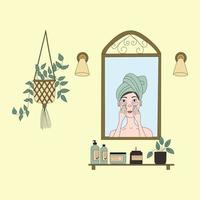 rituel beauté. concept de soins de la peau du visage et du corps. femme se regardant dans le miroir. jolie fille avec divers produits cosmétiques et accessoires dans une salle de bain. doodle vectoriel dessiné à la main.