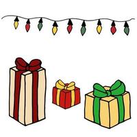 définir des cadeaux et des guirlandes de noël. couleurs rouge, vert, jaune. illustration vectorielle. vecteur