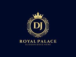 lettre dj logo victorien de luxe royal antique avec cadre ornemental. vecteur