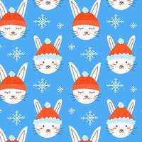 motif lapins en chapeaux de noël et flocons de neige vecteur