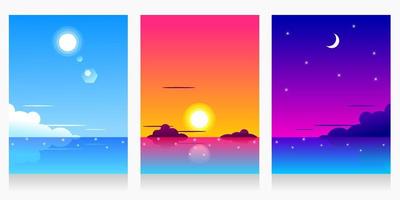 trois paysages ensemble de vue sur la nature de la plage, illustration vectorielle plane.après-midi, soirée, nuit. arrière-plans. vecteur