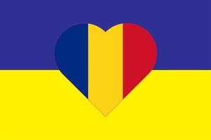 coeur peint aux couleurs du drapeau de la roumanie sur le drapeau de l'ukraine. illustration vectorielle d'un coeur avec le symbole national de la roumanie sur fond bleu-jaune. vecteur